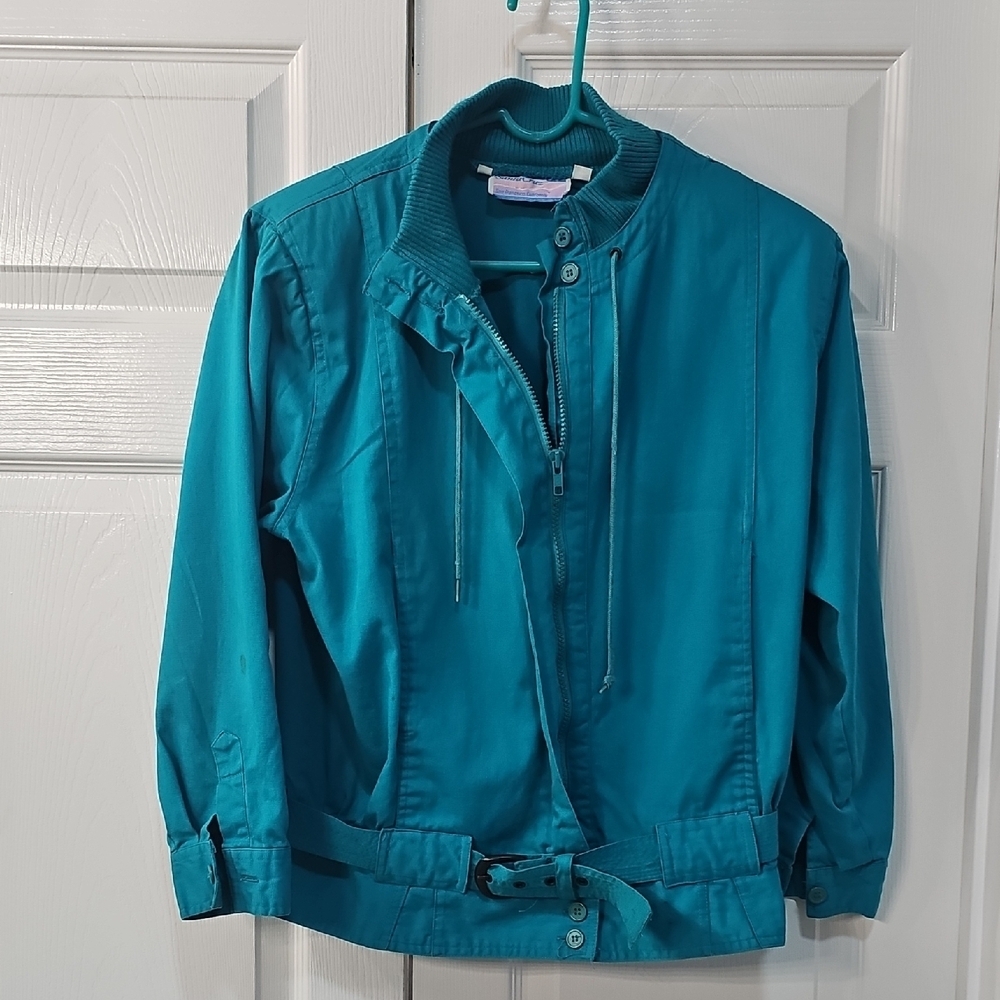 Vintage 80's Santa Cruz Teal Retro Utility Belted Bomber Jacket Med